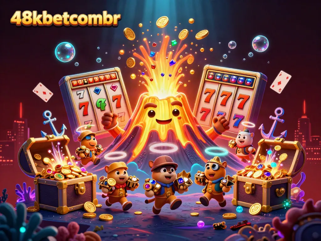 Engage with the exciting 48xbetcombr casino world, featuring a golden volcano, treasure, and slot elements.