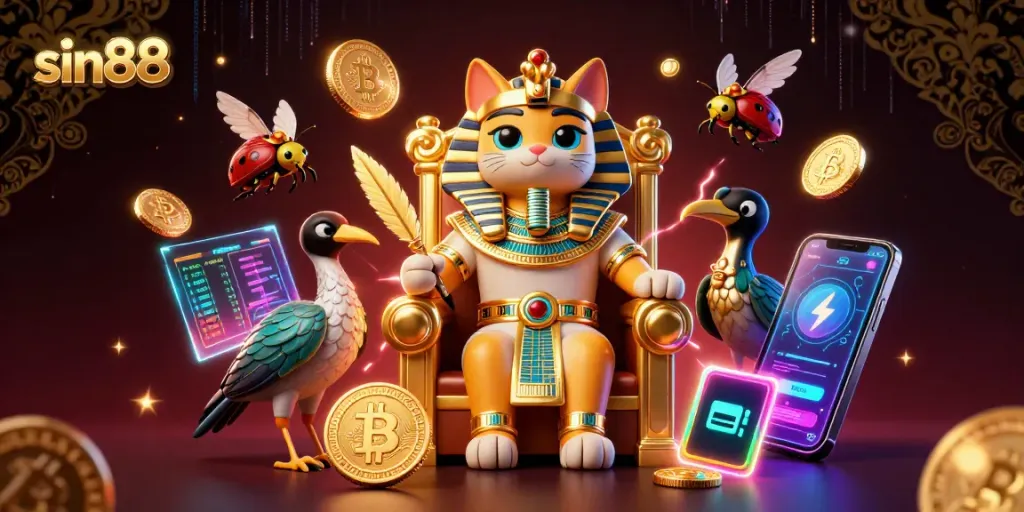 Engage in thrilling gameplay with sin88, featuring an Egyptian pharaoh cat in a vibrant casino scene.