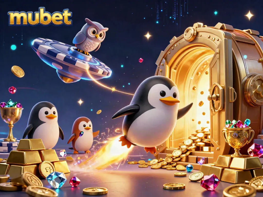 Experience the excitement of mubet with a vibrant 3D illustration featuring a golden penguin and a casino space station.
