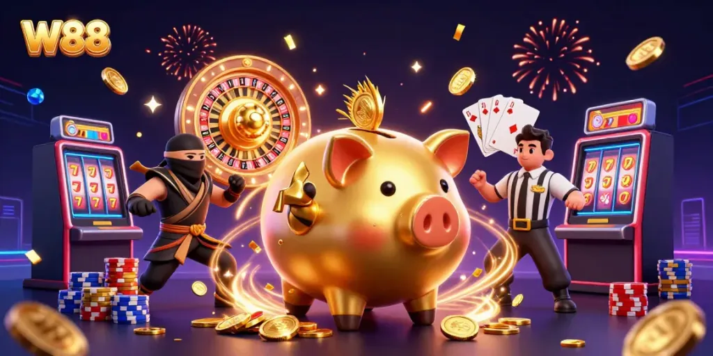 Experience winning strategies at W88 with vibrant casino games in a lively 3D scene.
