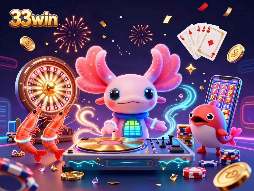 Experience thrilling wins with 33win's colorful casino scene featuring neon characters and casino elements.