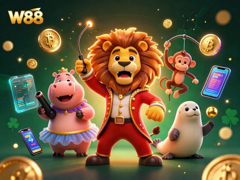 W88 provides exciting gaming with dynamic action in a vibrant casino setting, featuring unique colorful characters.