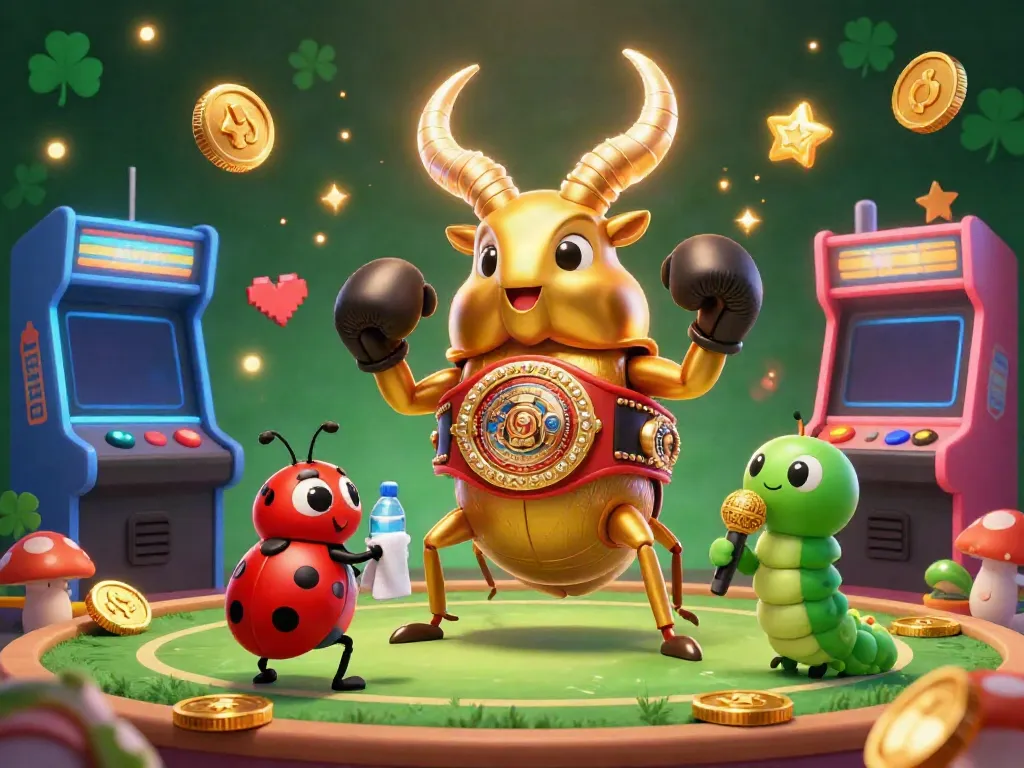 Experience thrilling gaming action with du88, featuring a golden stag beetle champion in a vibrant cartoon casino scene.