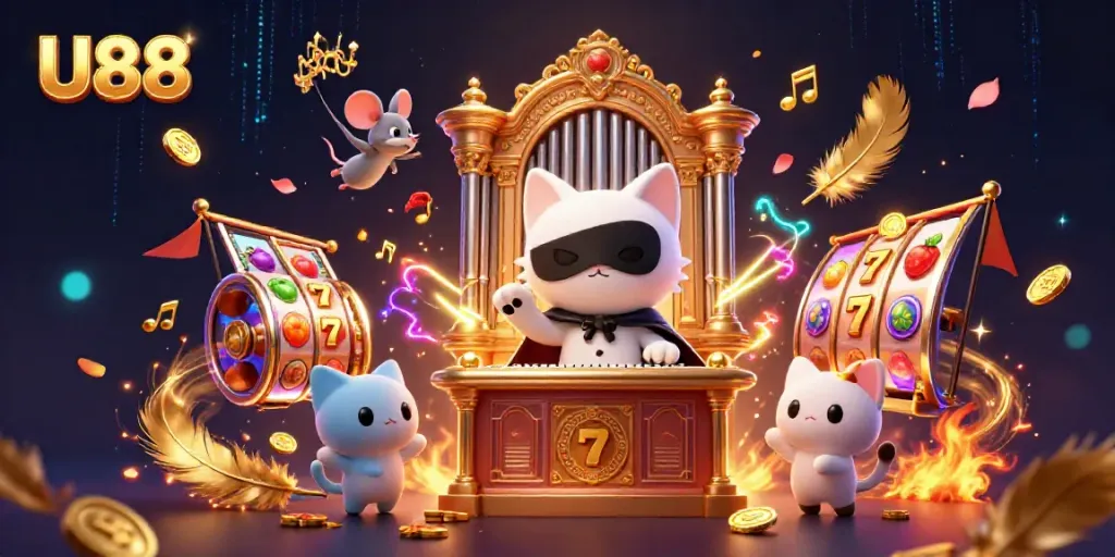 Experience thrilling wins at U88, with a magical scene of a casino atmosphere, complete with a phantom cat and dynamic elements.