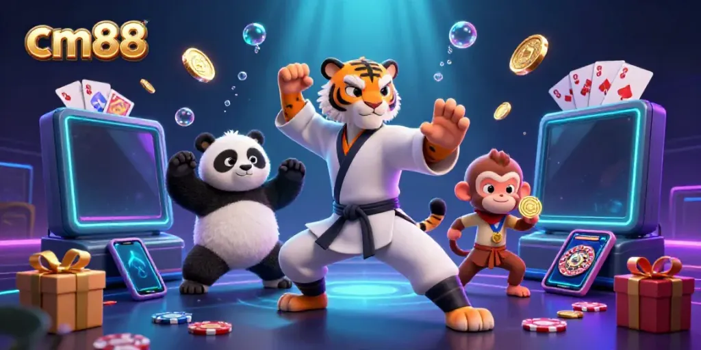 Engaging scene of cm88's dynamic characters in a colorful casino setting showcasing slot games, winning moments, and vibrant energy.