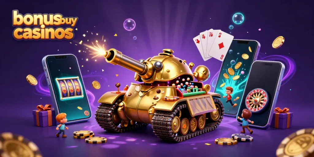 Experience the thrill of bonus buy casinos in a fantastical 3D illustration featuring a lively miniature casino tank.