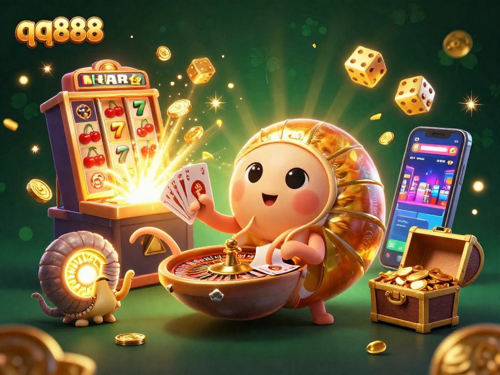 Experience thrilling wins at qq888 with an animated 3D casino scene featuring vibrant gaming elements.