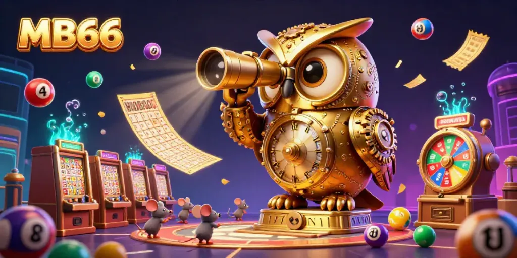 Engage in the vibrant action of MB66 with a golden owl and playful mice amidst animated slot machines and prizes.