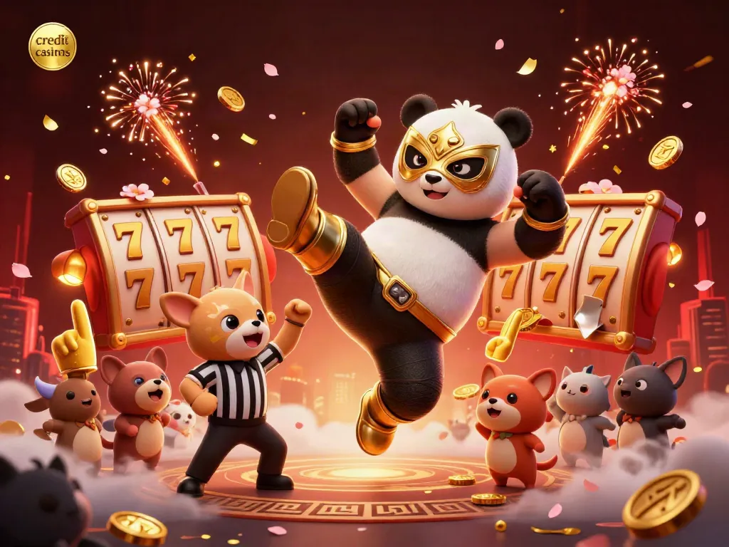 Catch the excitement at credit card casinos with a wrestling panda in a vibrant gambling atmosphere.