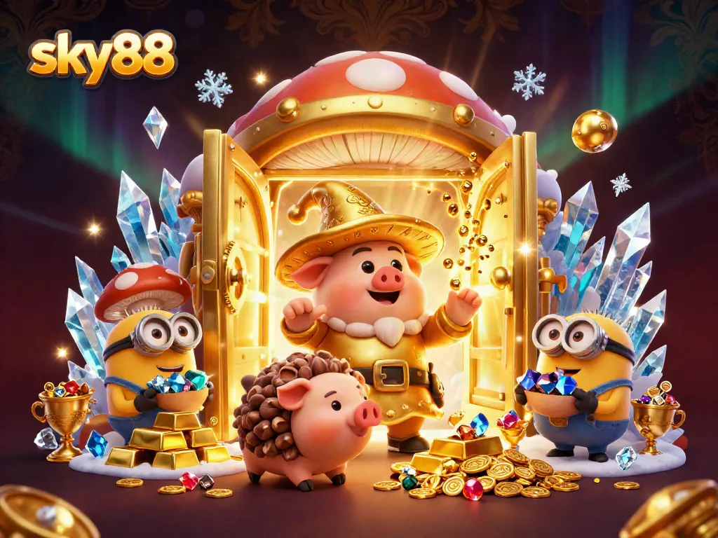 Engage with sky88 as the magical golden wizard conjures treasures in a vibrant casino scene.