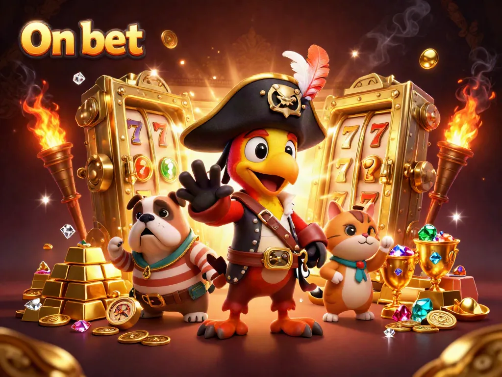 Experience the thrill of On bet with a vibrant casino scene featuring winning characters and glittering treasures.