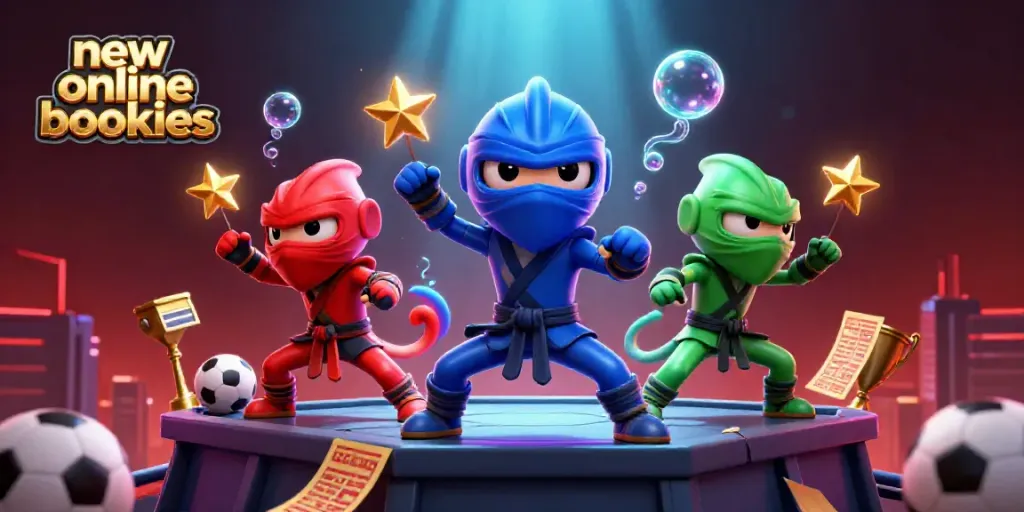 Engaging scene with new online bookies theme featuring ninja chameleon characters amid dynamic sports betting visuals.