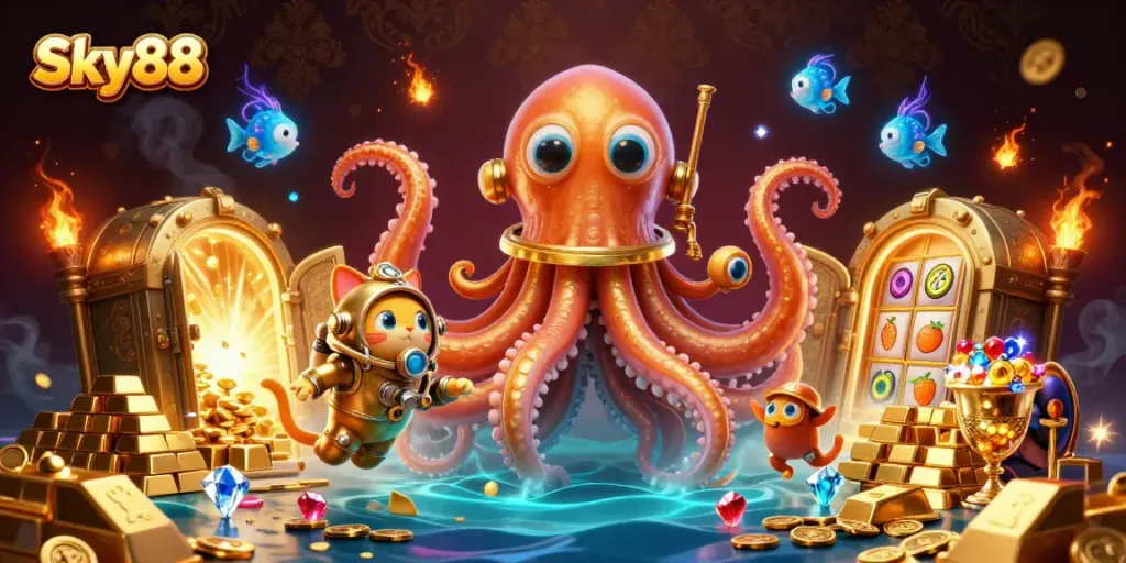Experience Sky88's exhilarating treasure hunt with a kraken, diving cat, and dazzling gems.