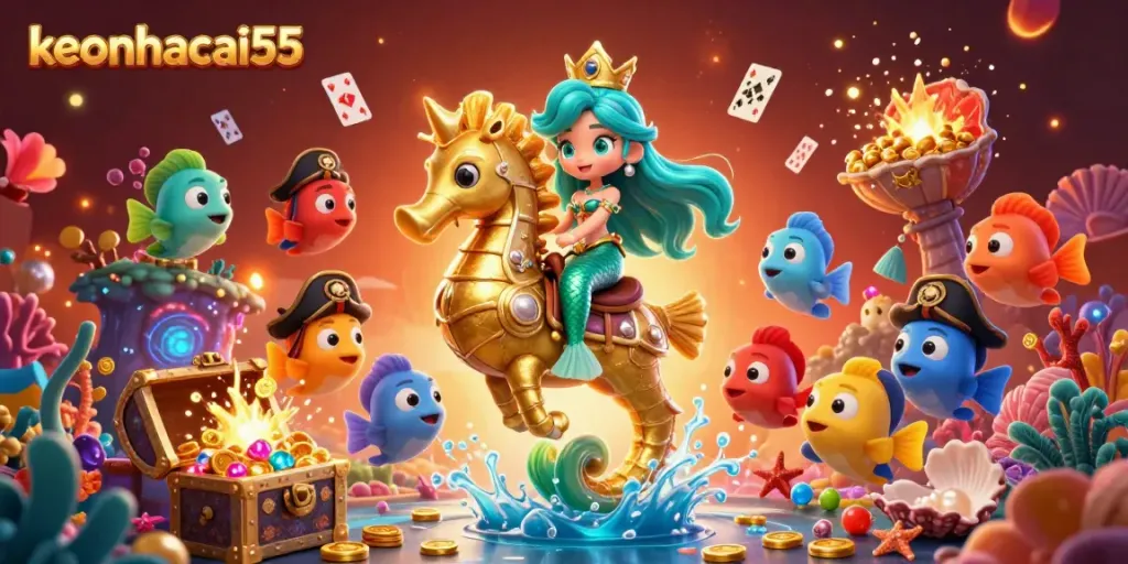 Win big with keonhacai55 in a vibrant underwater treasure scene featuring a mermaid and colorful sea creatures.