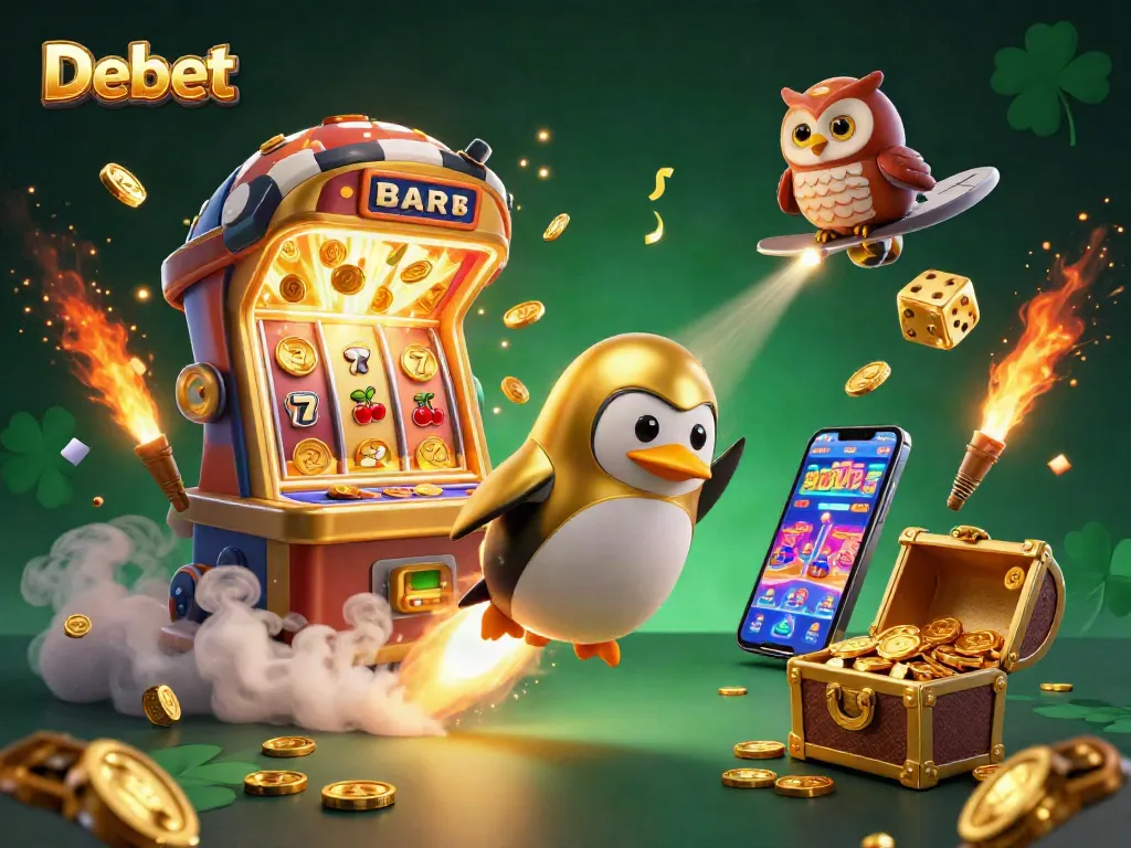 Experience thrilling wins with Debet as the rocket-powered golden penguin navigates a vibrant casino landscape.