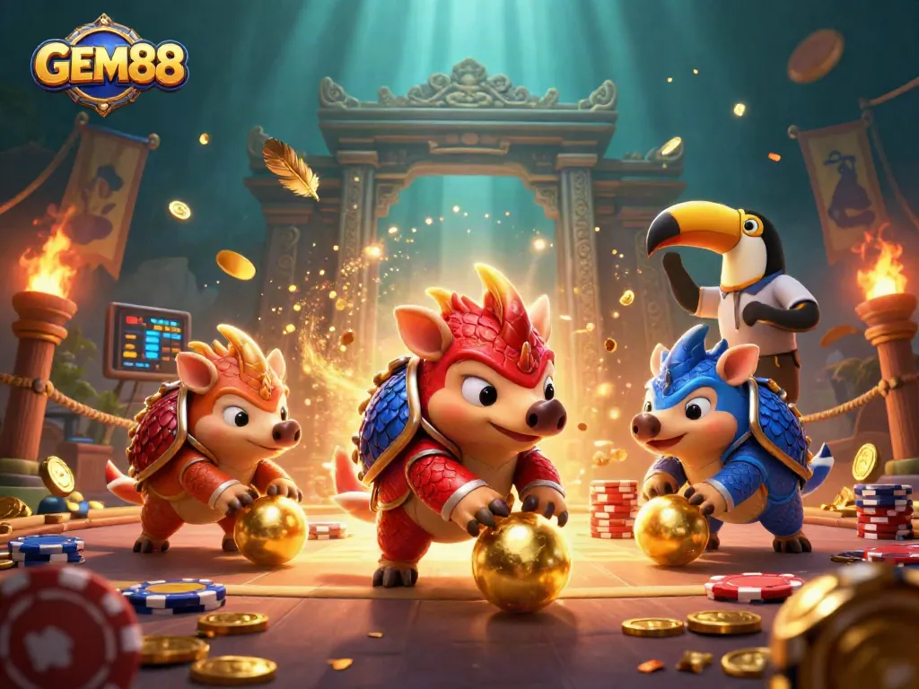 GEM88 pangolins compete in a dynamic casino scene amidst poker chips and golden confetti.