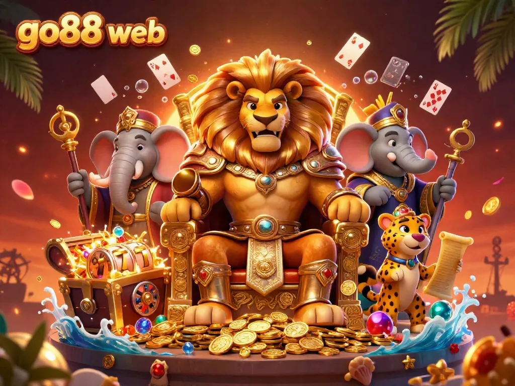 Experience the thrill of go88 web with a vibrant casino scene featuring a regal lion king and dynamic creatures amidst gold and slot reels.