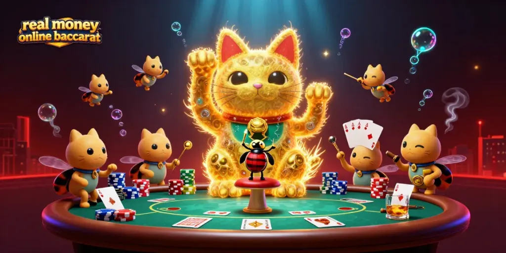Experience real money online baccarat with a lively illustration featuring a golden cat and casino symbols.