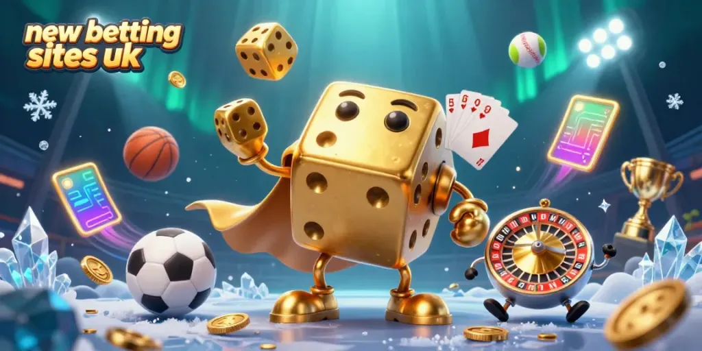 Engage with new betting sites UK showcasing vibrant sports elements and lively dice characters.