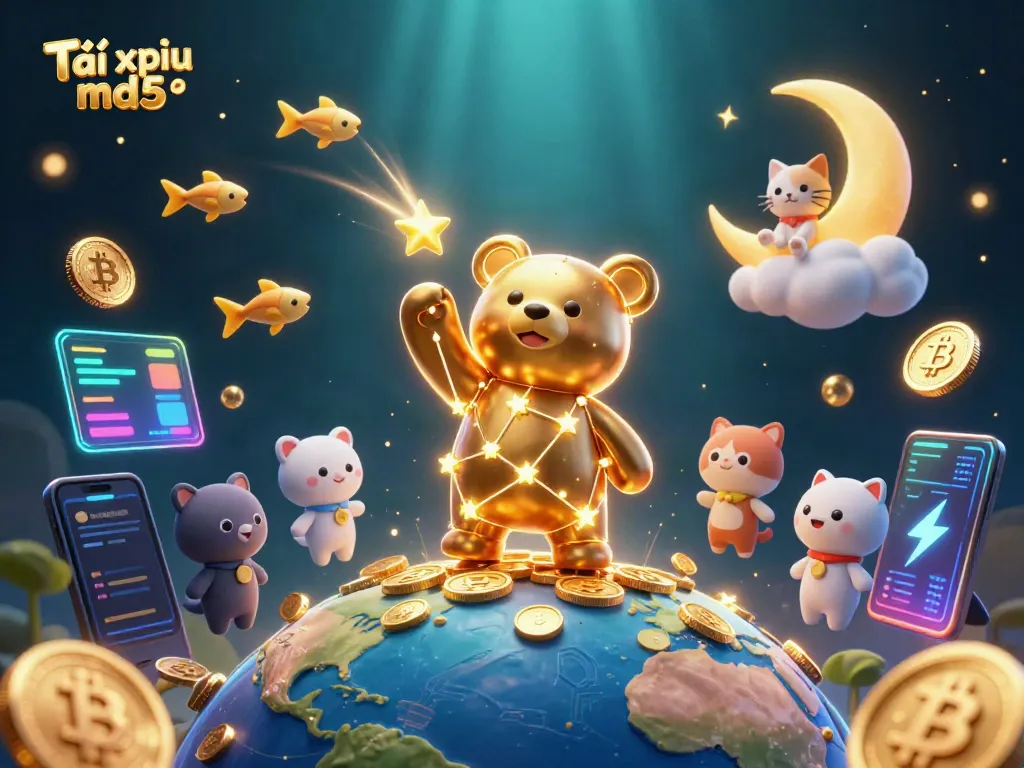 Experience Tài xỉu md5 magic as a constellation bear scoops coins surrounded by crypto elements in a vibrant casino cosmos.