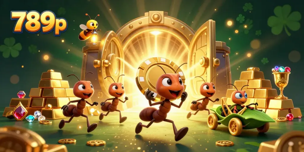 Engage with 789p's golden heist adventure featuring ants, poker chips, and treasure in a dynamic casino-themed scene.