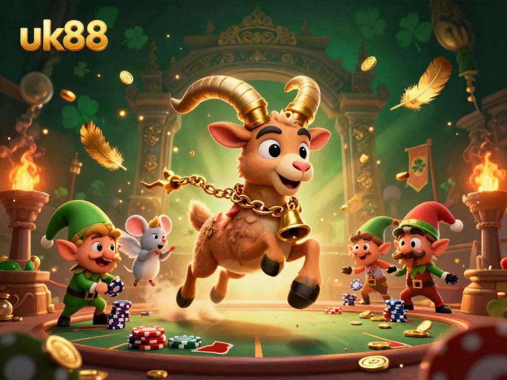 Experience thrilling gaming at uk88 with 3D cartoon characters amidst festive casino chaos.