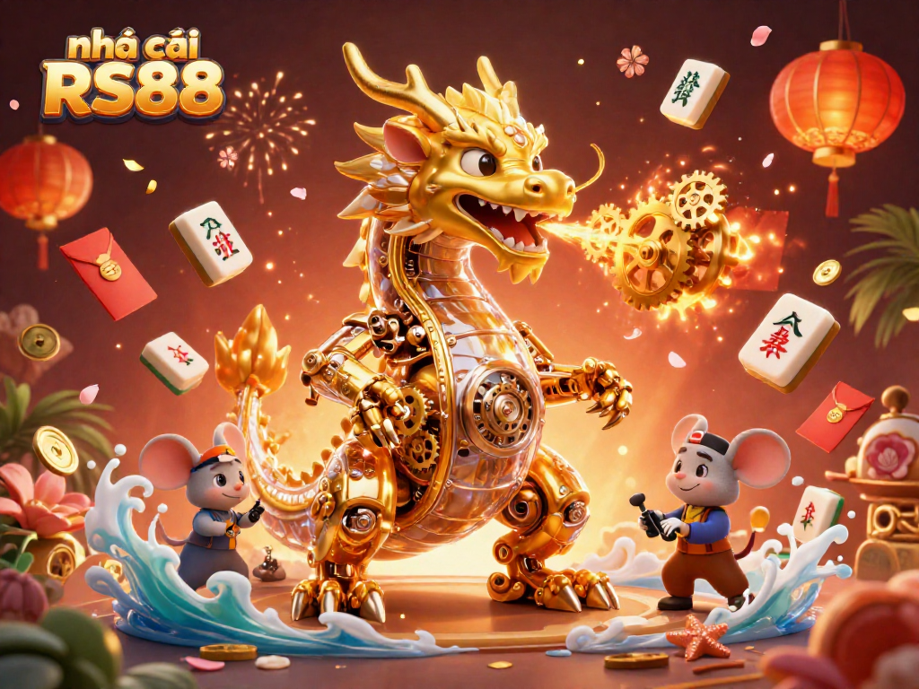 Experience the vibrant energy of nhà cái RS88 with a dazzling 3D illustration of a golden dragon amidst festive casino elements.