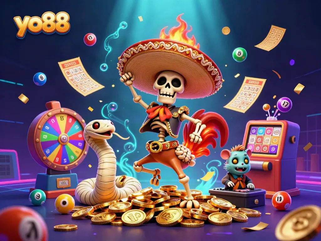 Experience the excitement of yo88 with vibrant characters celebrating on golden coins amidst a thrilling casino atmosphere.