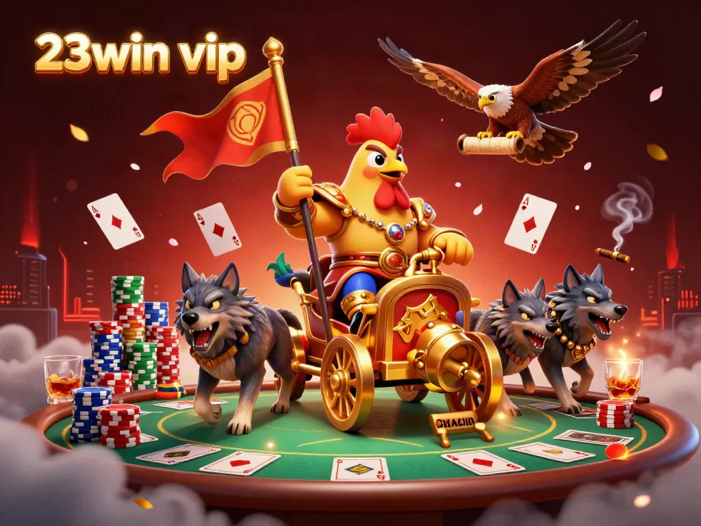 Engage with the thrilling action of 23win vip as the animated rooster warlord leads a vibrant casino scene.