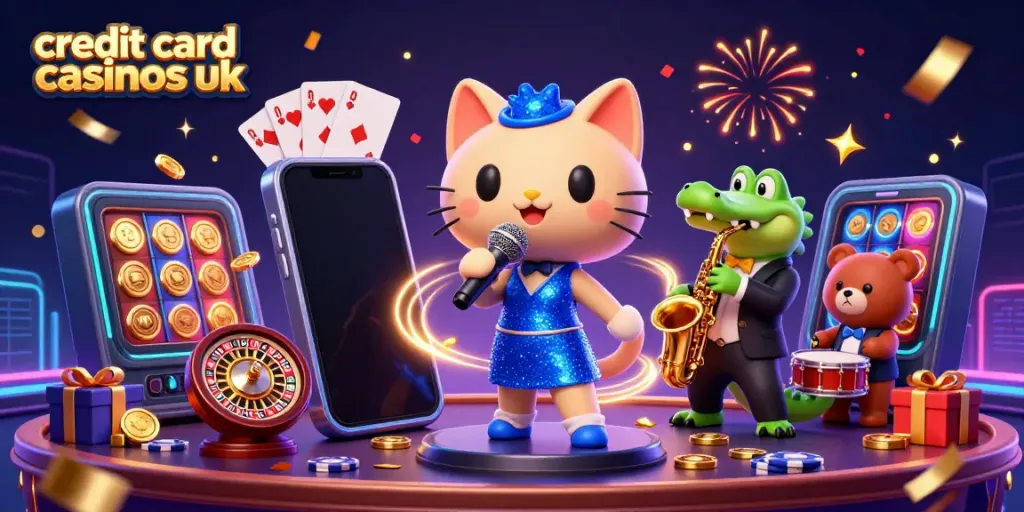 Engage with immersive gaming at credit card casinos UK, featuring vibrant character illustrations and rich casino elements.