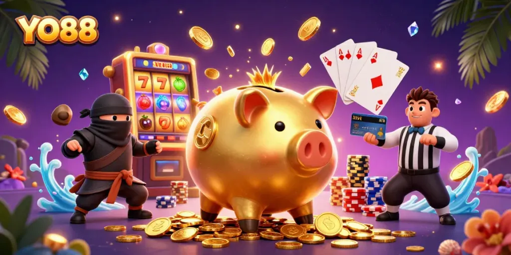 Experience YO88's thrilling casino adventure with a golden piggy bank sumo wrestler amidst vibrant slot reels.