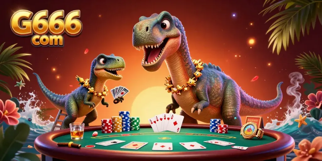 Engage with G666 com as a dinosaur watches over a vibrant poker game scene filled with excitement.