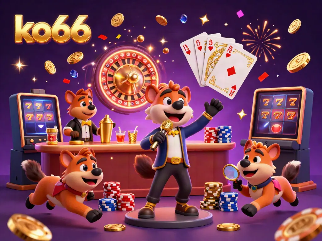 Experience fun at KO66 casino with hyenas in a vibrant casino club, celebrating wins with gold coins and gaming elements.