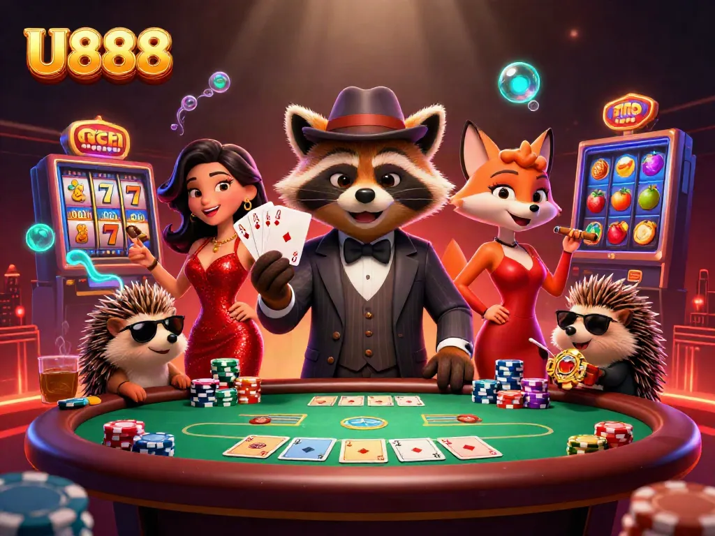 Engaging scene showcasing U888 characters playing casino slots with dynamic visuals and rich gaming elements.