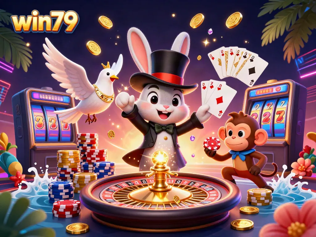 Experience thrilling wins at win79 with our 3D magician rabbit pulling golden coins and sparkling gems!