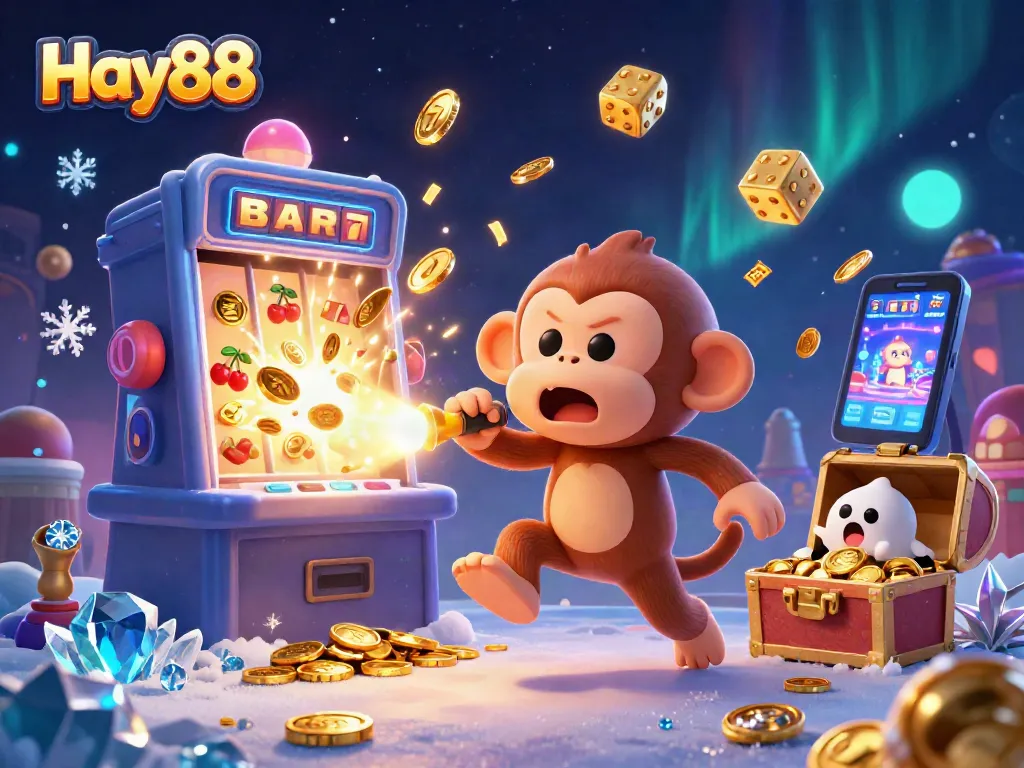 Discover Hay88's engaging casino experience as a playful poltergeist monkey juggles treasures in a vibrant casino.