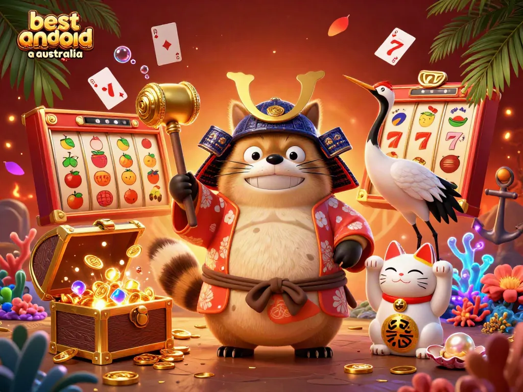 Engage with the best android casino australia in a vibrant, colorful scene filled with symbols of luck and fortune.