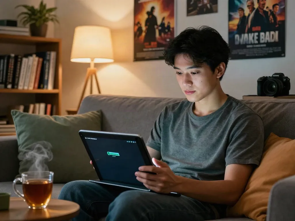 Engaged user exploring movie box apk for android old version in cozy home setting.