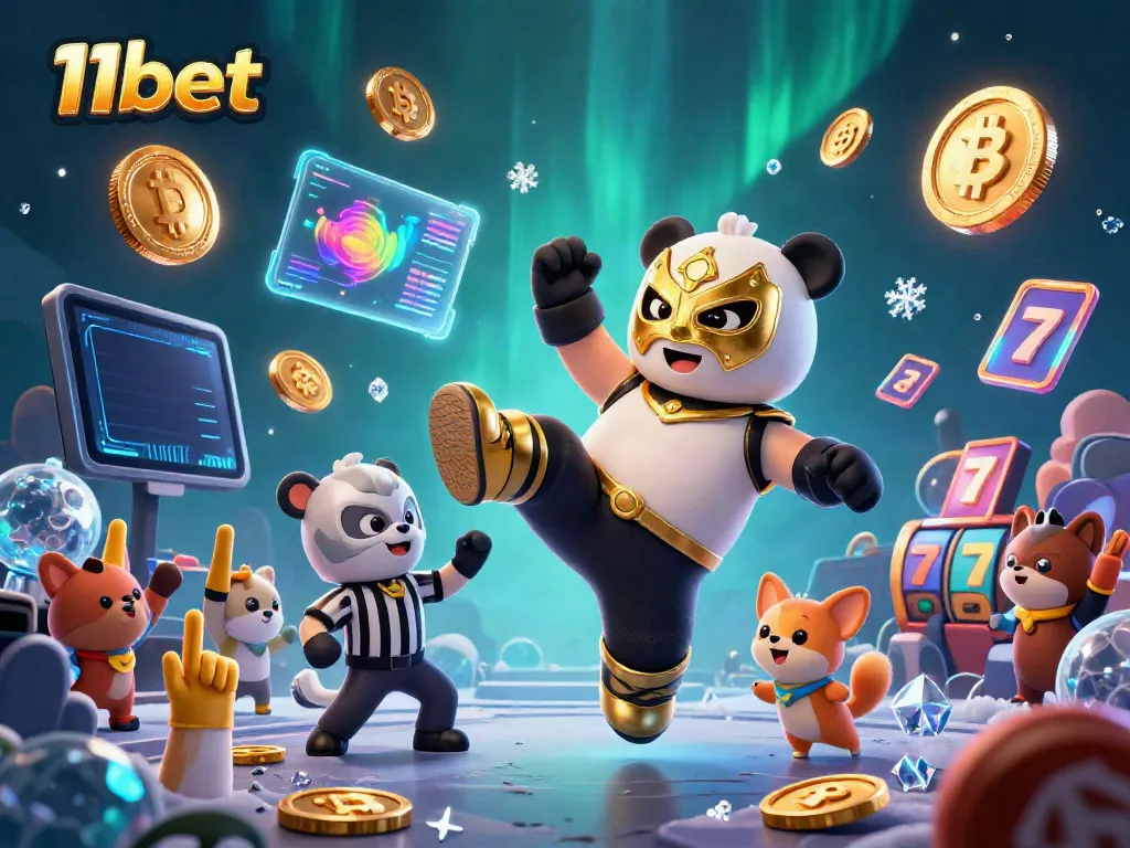 Engage with 11bet's exciting gaming scene featuring a wrestling panda and vibrant crypto elements.