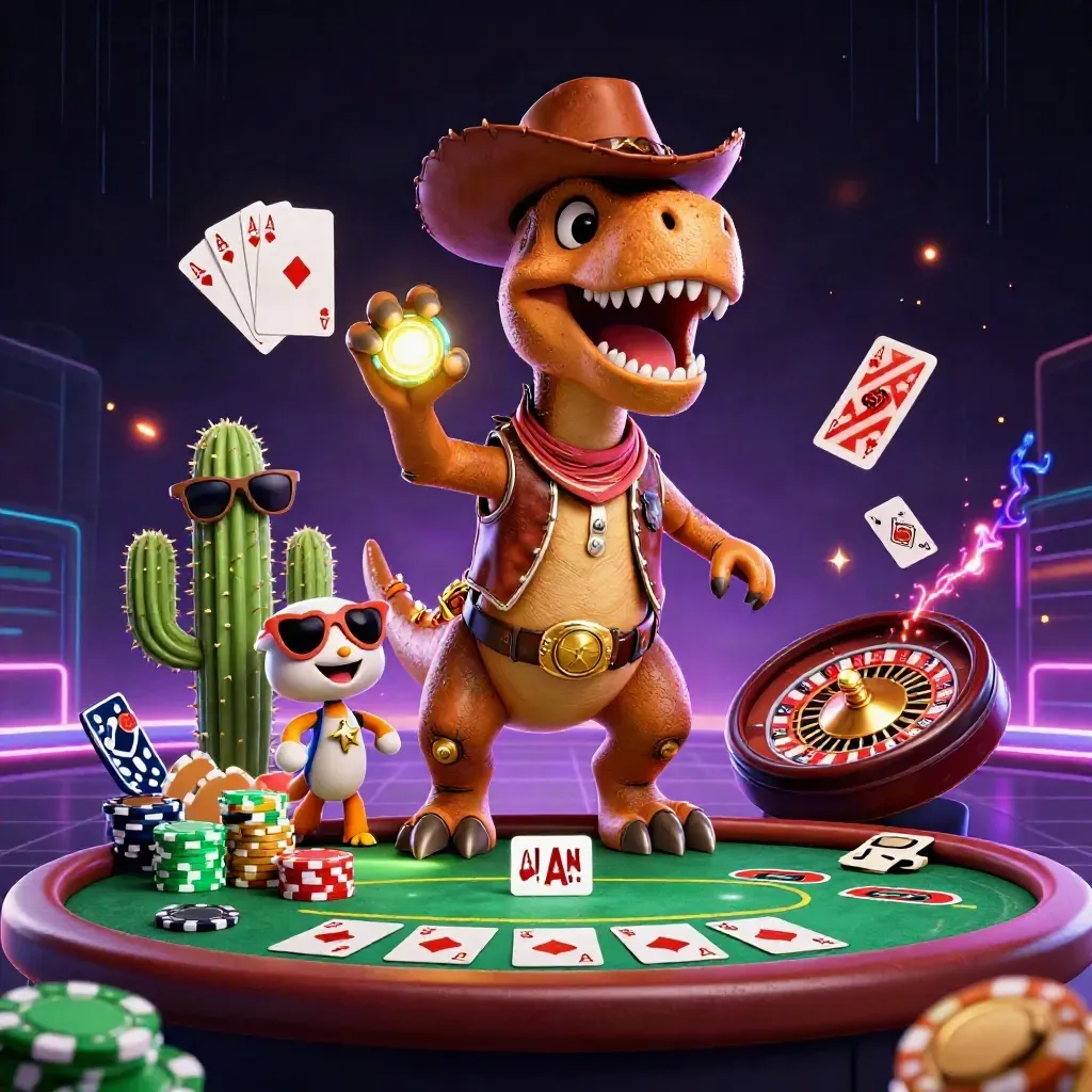 Cowboy T-Rex, cactus sidekick, and sheriff roadrunner amid casino props and neon effects.