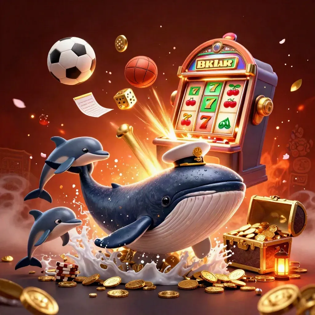 Cartoon whale captain, narwhal, dolphins, slot machine, coins, balls and gold in casino glow