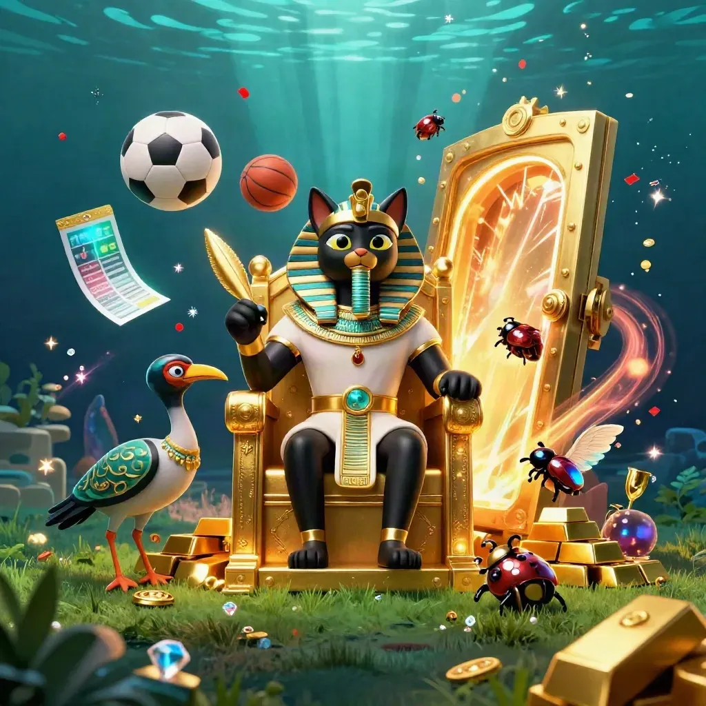 Pharaoh cat, ibis scribe and gem scarabs amid vault light, balls, gold and neon swirls.