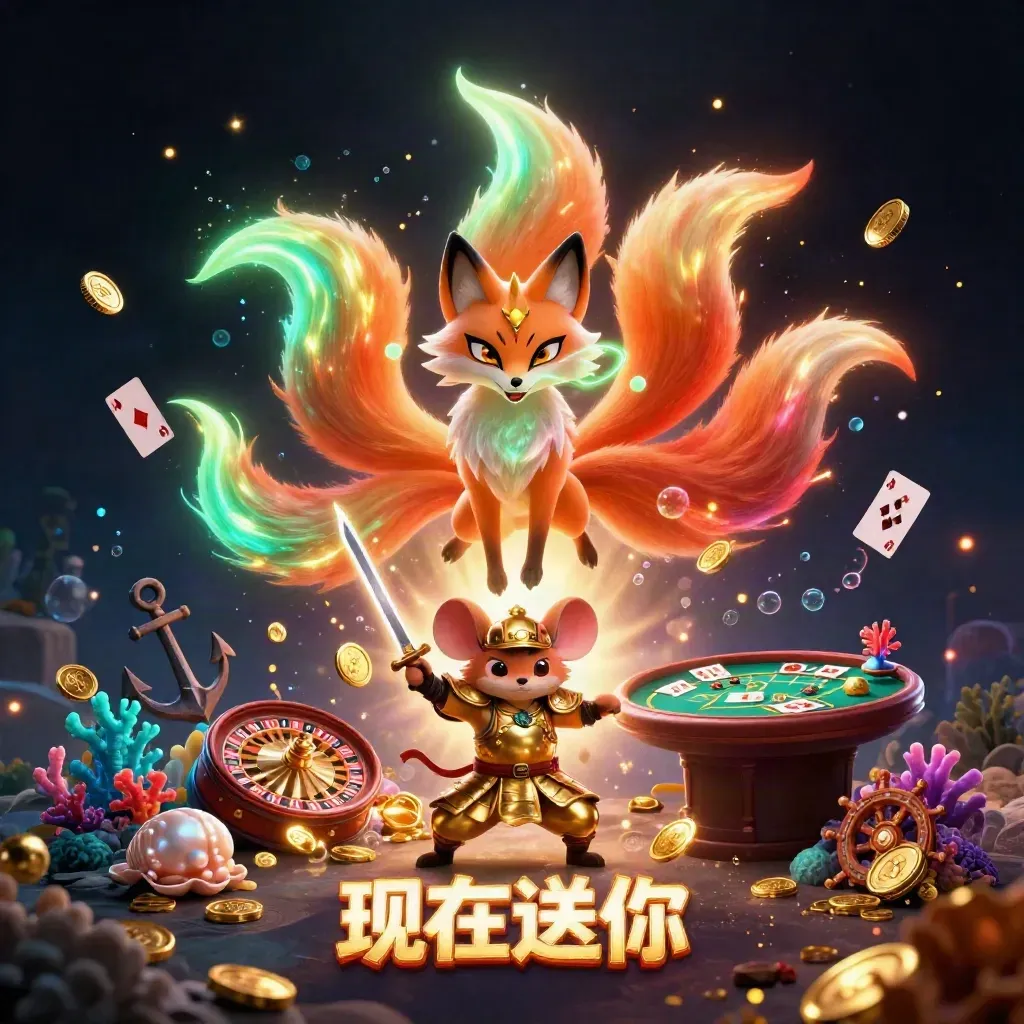 Neon fox spirit and armored mouse amid treasure, cards, and casino symbols in a dark glowing cove.