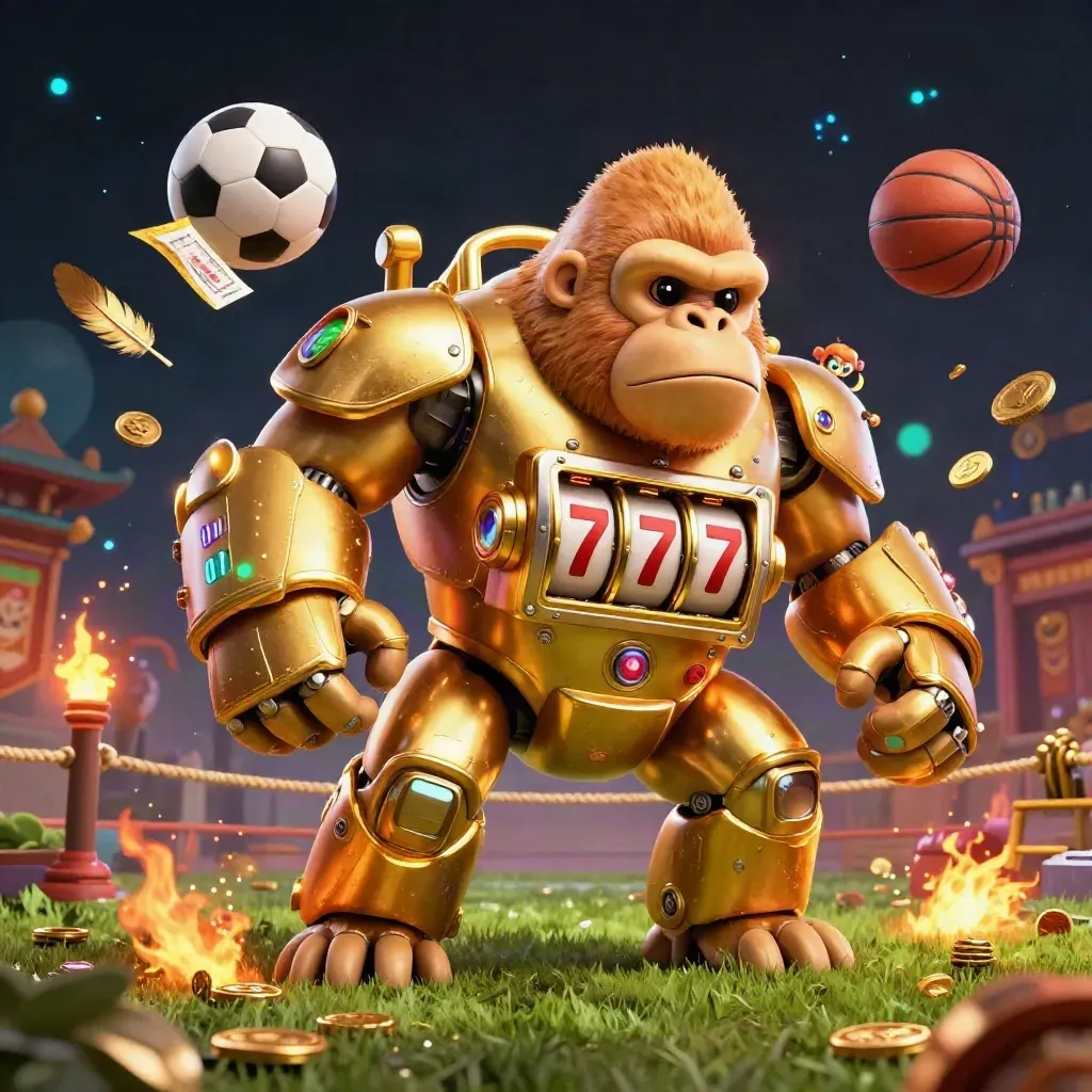 Golden gorilla mech, flying balls, coins, temple gate, and casino glow in a ground-level sports blast.