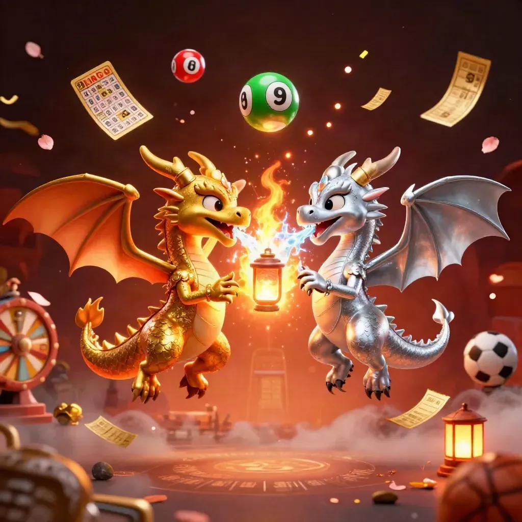 Gold and silver dragons clash in a fiery yin-yang burst with casino game props flying around.