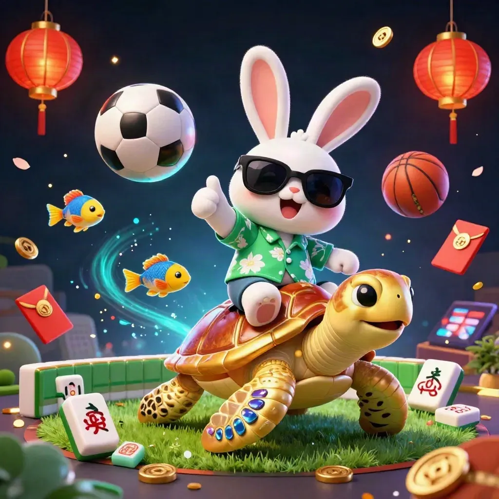 Lucky rabbit on golden sea turtle amid flying sports balls and neon casino charms, blue glow