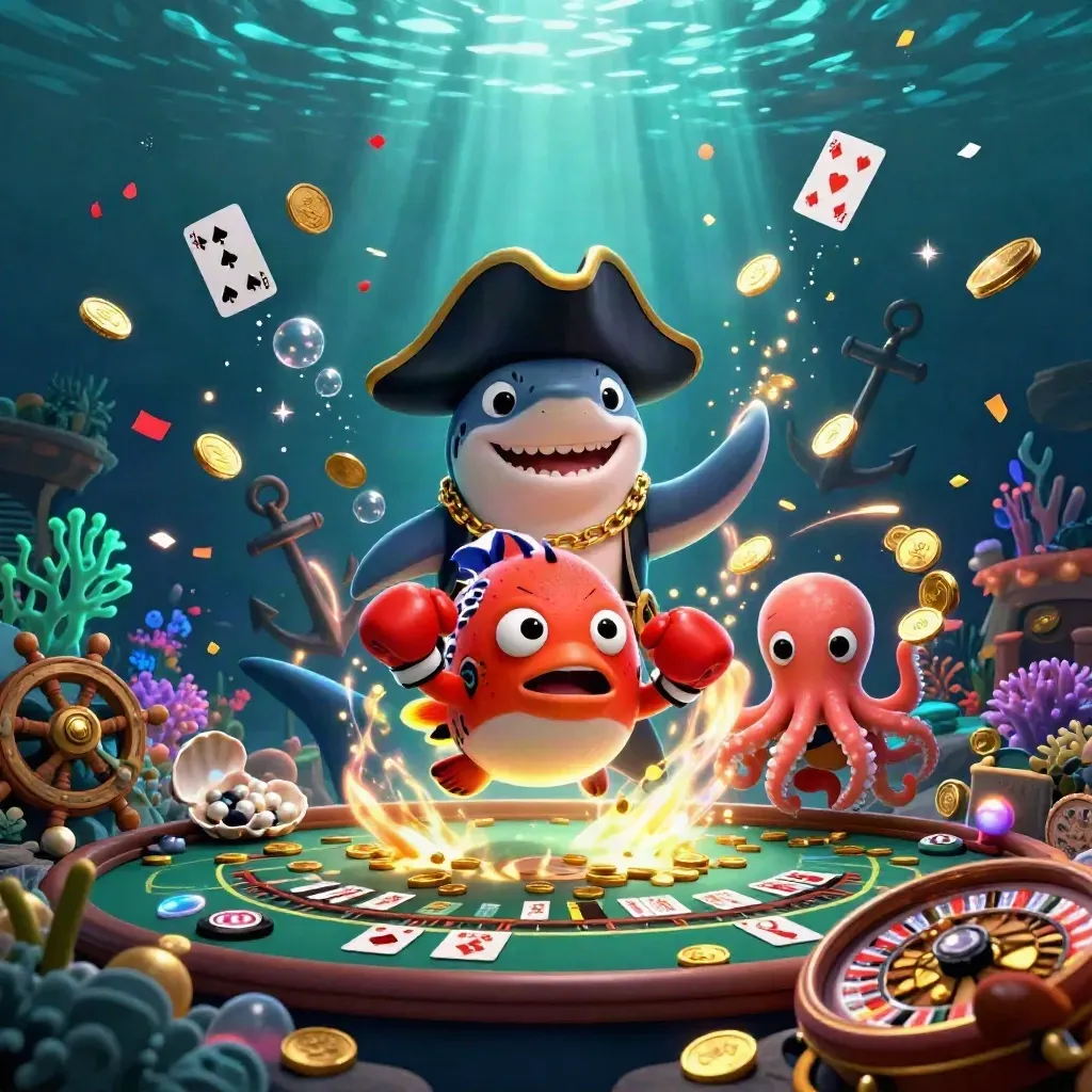 Shark captain, pufferfish boxer, and coin-juggling octopus in a glowing underwater treasure cove.