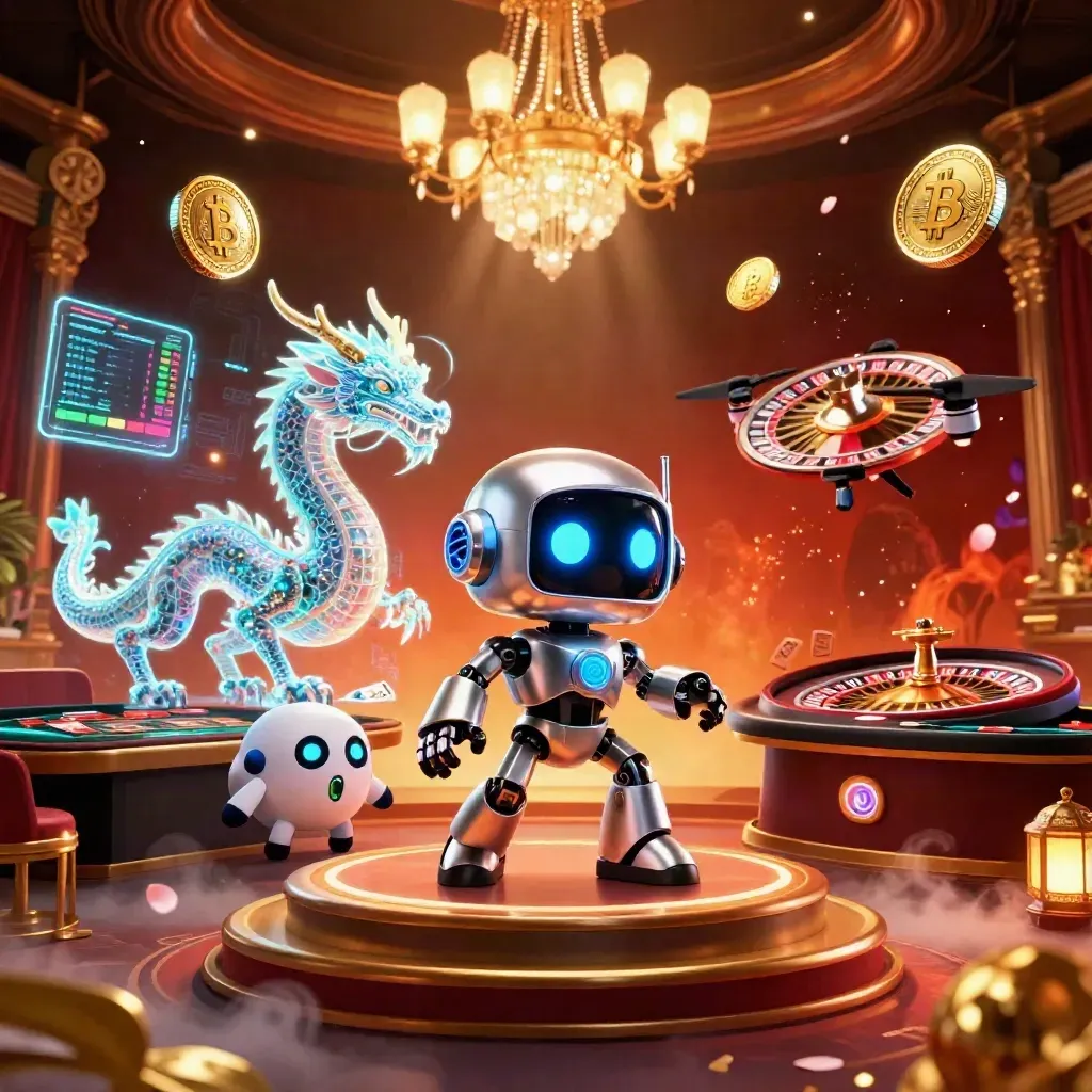 Cyberpunk robot, holographic dragon and coin drone in a luxe casino lounge with spinning roulette