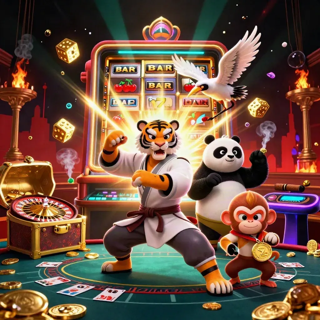 Tiger, panda and monkey in a glowing casino room with slot machine, dice, and treasure.