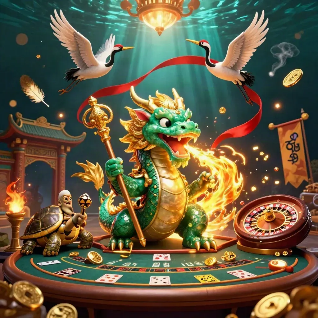 Dragon, turtle sage, and cranes amid casino fire, coins, and temple glow.